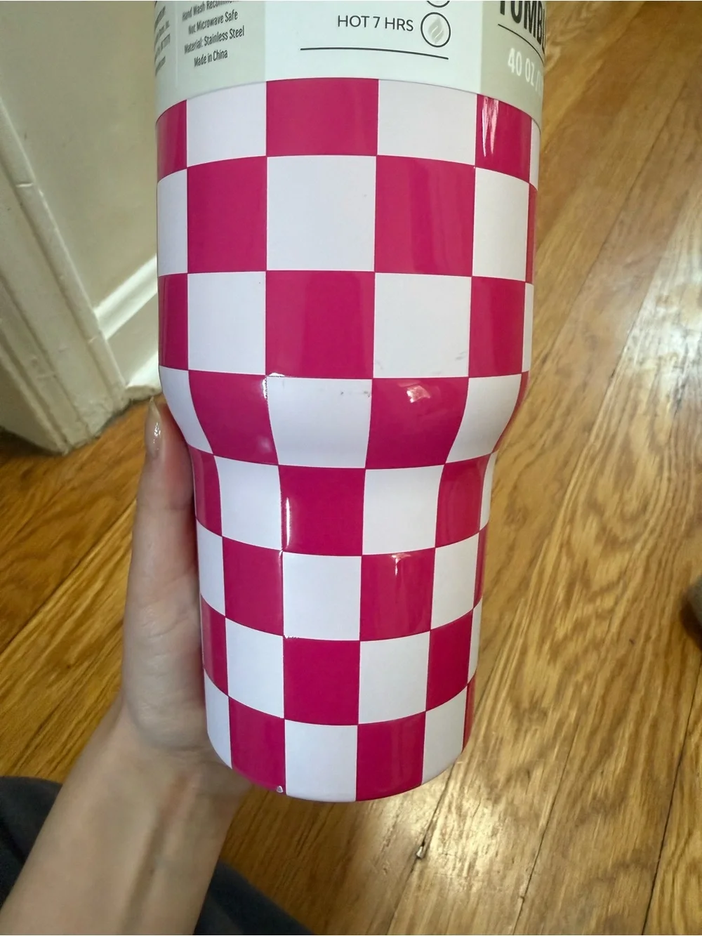 40 oz Pink Checkered Stainless Steel Tumbler with Handle and Straw